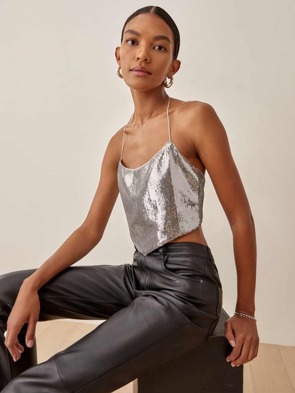 NWT Reformation Gayle Silver Sequin Halter Cowl Tank - Picture 4 of 11